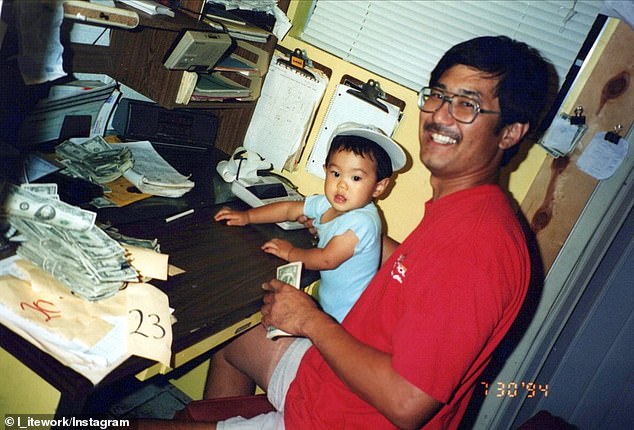 Kyle Okura's father, Albert Okura, founder of the Juan Pollo restaurant chain, is pictured in a shirt with the Roy's and Route 66 logo. Okura is pictured as a baby with his father Albert Okura in 1994