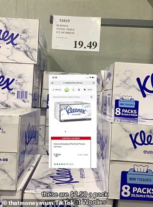 Kleenex Tissues cost $19.49 for a pack of eight at Costco - or $2.43 each - whereas at Woolworths the same singular box cost $3