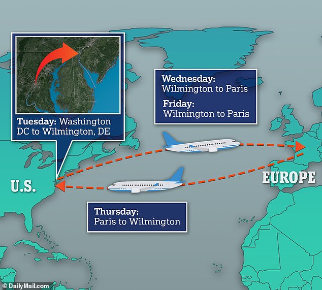 Jill Biden's travel last week: Tuesday evening she flew from Washington DC to Wilmington, Del.; Wednesday evening she flew from Wilmington to Paris; Thursday she flew from Paris back to Wilmington and Friday she returned to Paris