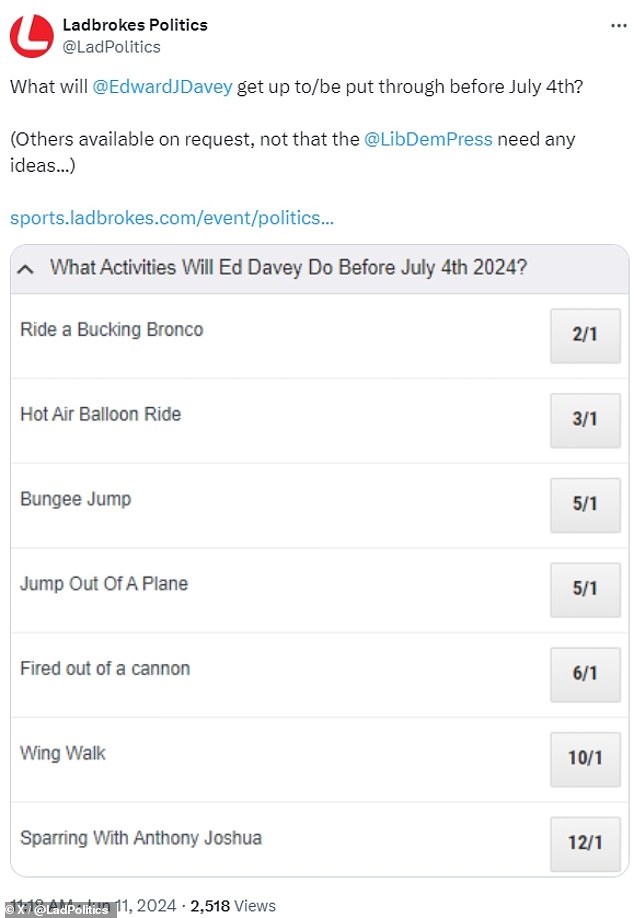 Betting company Ladbrokes has even set up a betting pool for what activities Ed Davey is likely to take part in before the General Election on July 4 - with options including riding a bucking bronco, bungee jumping or being fired out of a cannon