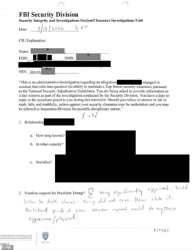 Tristan Leavitt, who represents the former FBI employee, said the agency asked questions about the worker's political beliefs and stance on COVID vaccines and gun rights. The memo above shows the hand-written notes from FBI investigators probing the former employee