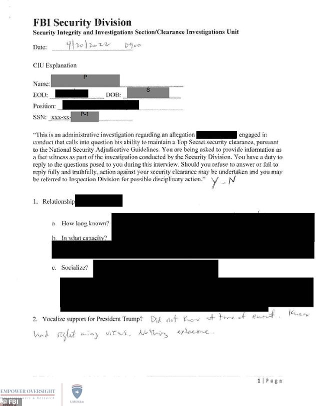 The memos show the notes taken by FBI investigators during multiple interviews of the former employees colleagues. They all asked about Trump, COVID vaccines and the employee's attendance at gun rallies and the January 6 protest