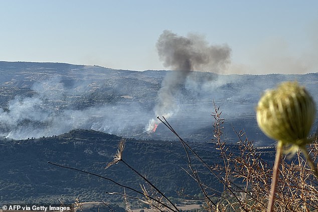 Smoke is seen rising from a wildfire in a forest near the Cypriot village of Psathi today