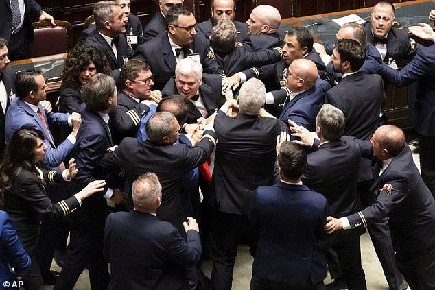 This is the shocking moment a mass brawl broke out in the Italian parliament resulting in one MP leaving in a wheelchair after being punched