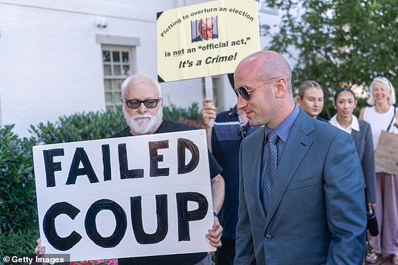 WASHINGTON, DC - JUNE 13: Stephen Miller, former White House senior advisor under President Trump, arrives for a House Republicans Conference meeting at the Capitol Hill Club on June 13, 2024 in Washington, DC. Former President Donald Trump is expected to address Republican congressional members Thursday morning. (Photo by Nathan Howard/Getty Images)