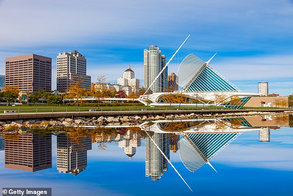 Skyscrapers skyline of Milwukee and reflections in Lake Michigan, WI