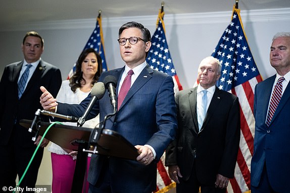 WASHINGTON, DC - JUNE 13: Speaker of the House Mike Johnson (R-LA) conducts a news conference at the Republican National Committee after a House Republican Conference meeting with former President Donald Trump June 13, 2024 in Washington, DC.  Also appearing from left are, Rep. Richard Hudson, R-N.C., chairman of the National Republican Congressional Committee, House Republican Conference Chair Elise Stefanik, R-N.Y., House Majority Leader Steve Scalise, R-La., and House Majority Whip Tom Emmer, R-Minn. (Photo by Tom Williams-Pool/Getty Images)