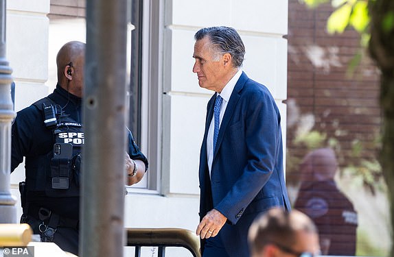 epa11408259 Republican Senators from Utah, Mitt Romney arrives for former US president Donald J. Trump's meeting with Senate lawmakers at the National Republican Senatorial Committee on Capitol Hill in Washington, DC, USA, 13 June 2024. It is the first time Trump has returned to Capitol Hill since mobs of his supporters attacked the Capitol building on 06 January 2021. Trump now refers to the insurrectionists as 'J6 warriors' and 'victims.'  EPA/JIM LO SCALZO