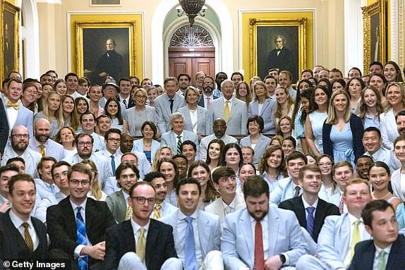 WASHINGTON, DC - JUNE 13: Senators and staff gather for the recognition of National Seersucker Day on Capitol Hill on June 13, 2024 in Washington, DC. Members of Congress wear seersucker clothing on Seersucker Thursday, an annual tradition that was initiated by former Senate Majority Leader Sen. Trent Lott (R-MS) in 1996, to mark the National Seersucker Day.  (Photo by Anna Rose Layden/Getty Images)