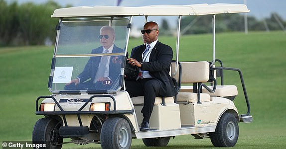 FASANO, ITALY - JUNE 13:  U.S. President Joe Biden arrives with G7 leaders as they gather to watch a parachute drop at San Domenico Golf Club during day one of the 50th G7 summit on June 13, 2024 in Fasano, Italy. The G7 summit in Puglia, hosted by Italian Prime Minister Giorgia Meloni, the seventh held in Italy, gathers leaders from the seven member states, the EU Council, and the EU Commission. Discussions will focus on topics including Africa, climate change, development, the Middle East, Ukraine, migration, Indo-Pacific economic security, and artificial intelligence. (Photo by Christopher Furlong/Getty Images)