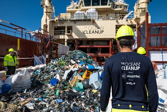 Egger said Ocean Cleanup was conceived by scuba diver Boyan Slat several years ago, who founded the nonprofit after becoming frustrated by finding 'more plastic than fish' in the otherwise beautiful Mediterranean waters