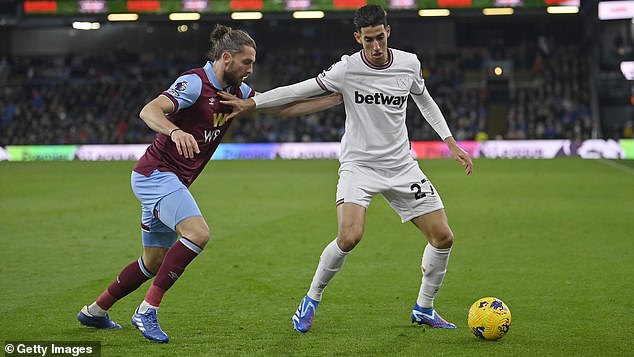 Nayef Aguerd (right) may not have notched up the most minutes, but he made the most of an outing against Burnley in March