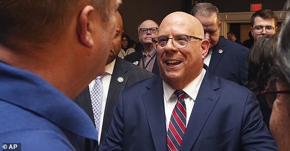 Former Maryland Gov. Larry Hogan speaks to supporters during a primary night election party Tuesday, May 14, 2024, in Annapolis, Md., after he won the GOP nomination for the U.S. Senate seat opened by Democratic Sen. Ben Cardin's retirement. (AP Photo/Daniel Kucin Jr.)