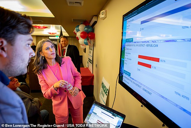 Republican congressional candidate Monique DeSpain eyes election results during an election watch party hosted by DeSpain's campaign Tuesday, May 21, 2024