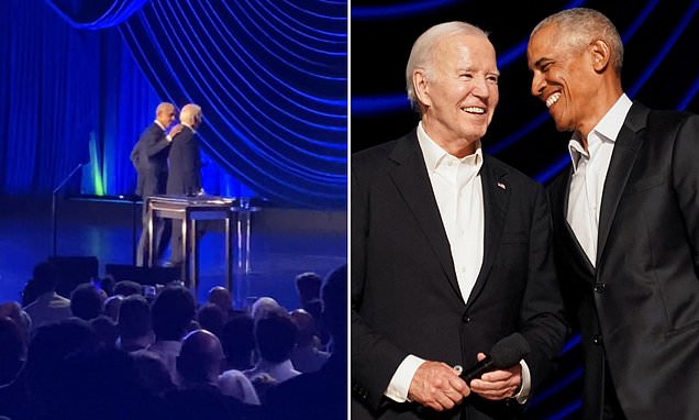 Biden FREEZES at star-studded fundraiser before Obama comes to his rescue and pulls him