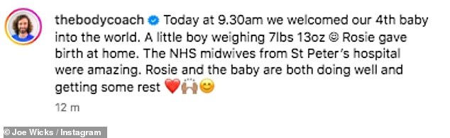 The Body Coach star, 38, and his beloved wife, 33, announced the joyful news on Instagram alongside a gorgeous snap of the newborn on Monday (seen with daughter Indie, six)