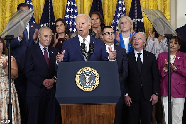 President Joe Biden said he wasn't 'playing politics' with the border, though ripped former President Donald Trump for his plans to put illegal immigrants into detention camps should he be the victor in November