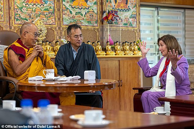 The Democrat former House Speaker, 84, held talks with the exiled Tibetan spiritual leader by and took swipe at Chinese President Xi Jinping