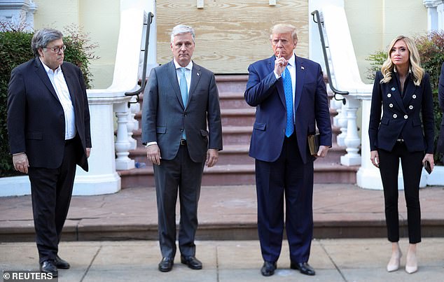 Trump and O'Brien outside the White House at St. John's Episcopal Church in 2020, flanked by U.S. Attorney General Bill Barr and Press Secretary Kayleigh McEnany