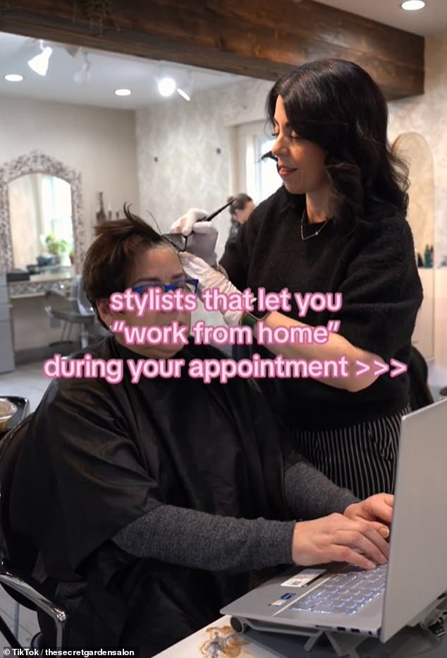 TikTok is also filled with businesses advertising their work-as-you-dye friendly facilities. The Secret Garden Salon in New York City made a clip showing off their accommodating services with the caption: 'You're always welcome to "work from home"