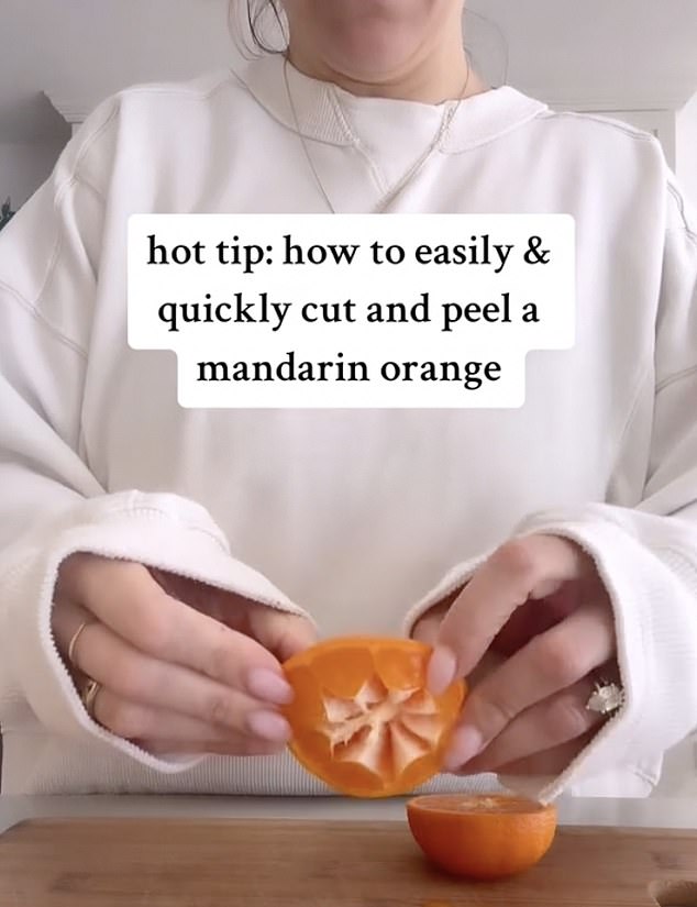 Erin, from the US, was gobsmacked when she saw the 'genius' method online. Rather than peeling the citrus fruit, the method involves slicing it straight down the middle then picking out the tasty inner bits