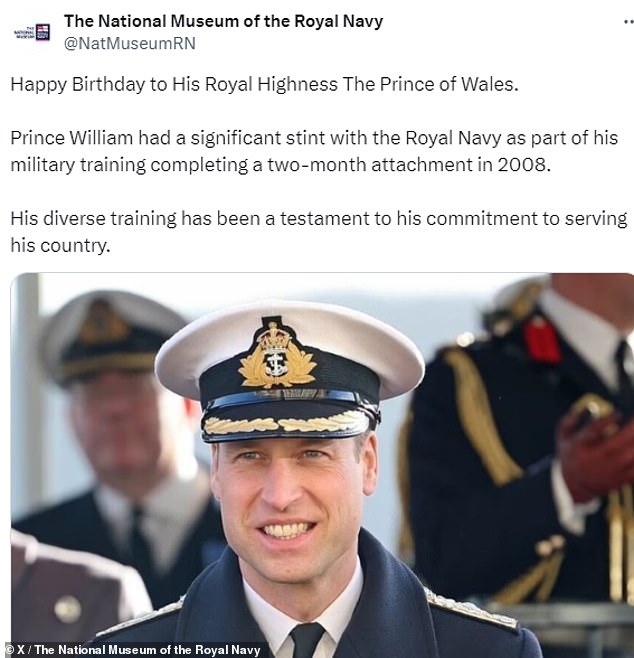 The National Museum of the Royal Navy also shared a snap of the Prince, with a birthday greeting