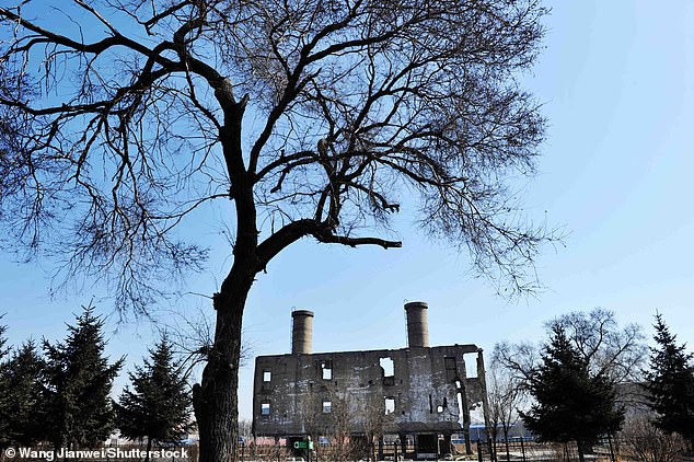 The ruins of one of the germ warfare facilities, featuring two large chimneys