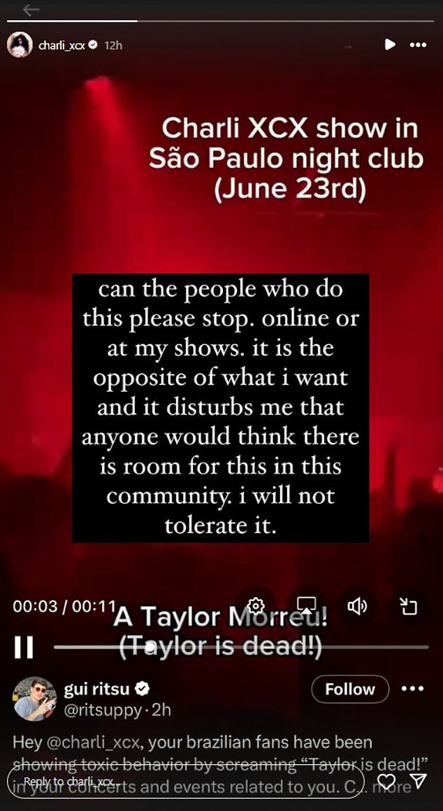 Sharing a screenshot of a fan informing her of the chants, she called for it to stop, saying it is 'the opposite of what I want' and that she would 'not tolerate it'