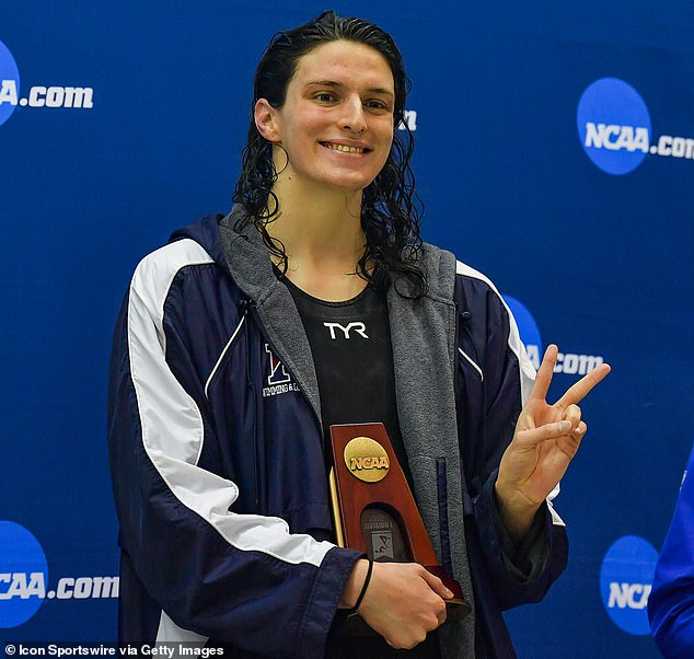 Lia Thomas reacts after finishing tied for 5th in the 200 Freestyle at the 2022 NCAA finals