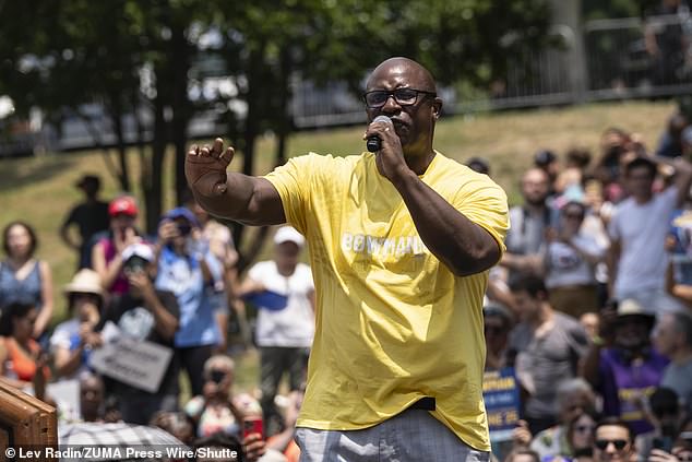 Rep. Jamaal Bowman, D-N.Y., during a re-election rally in the Bronx with AOC and Bernie. He repeatedly cussed and slammed pro-Israel political group AIPAC