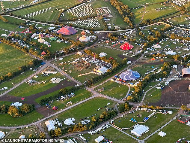 Aerial photos showed tents being erected at Glastonbury ahead of the rock festival this weekend