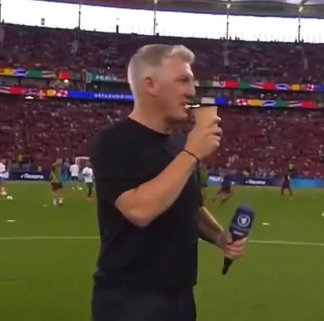 Germany legend Bastian Schweinsteiger was caught in a hilarious mix-up live on air on Sunday