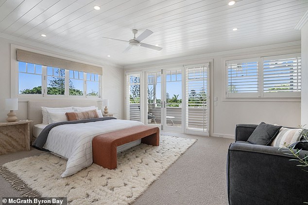 The renovated six-bedroom property (one of the bedrooms is pictured) dates back to the 1880s and is situated in what has been dubbed Byron Bay's 'Golden Grid'
