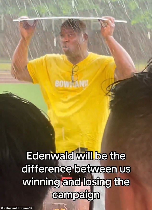 Bowman visited the Edenwald neighborhood of the Bronx in the pouring rain to beg residents to back him in the primary