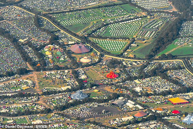 An aerial view taken this morning shows the sheer scale of the massive festival in Somerset