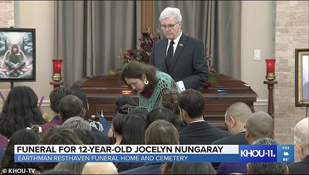 First Lady of Texas Cecilia Abbott (center) stands with Lt. Gov. Dan Patrick as they address the other of Jocelyn Nungaryay at her funeral in Houston Thursday