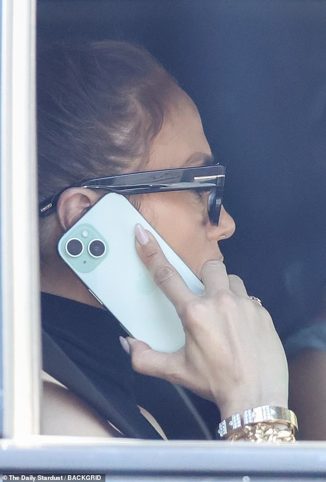 The singer-actress had her brown locks tied back and donned black-rimmed eyeglasses as she was pictured speaking on a phone while in the passenger seat