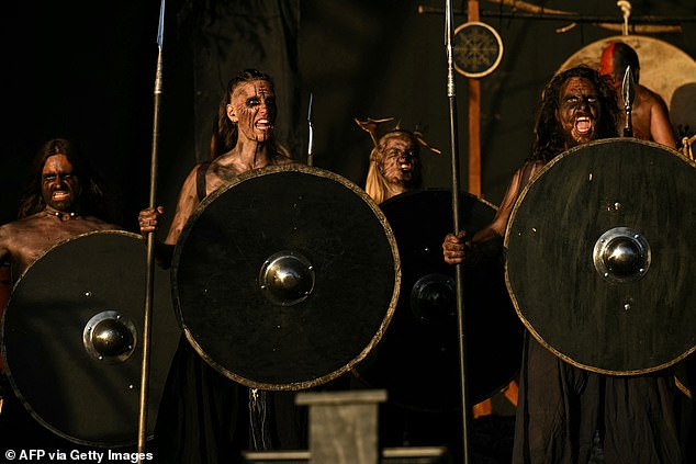 Experimental folk music band Heilung perform on the West Holts Stage on the third day of the Glastonbury Festival at Worthy Farm