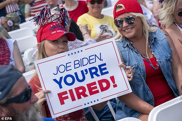 Supporters of former President Donald Trump gather prior to his remarks during a campaign rally at the Greenbriar Farms in Chesapeake