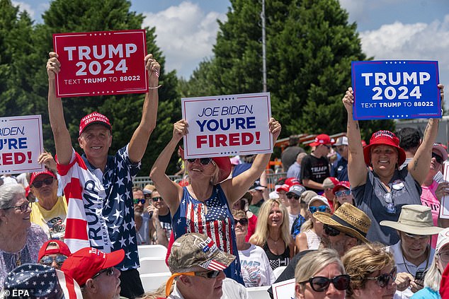 Supporters of former President Donald J. Trump gather prior to his remarks during a campaign rally
