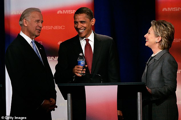 Biden's friend the former US president Barack Obama defended Biden in a Twitter post on Friday. Pictured: with Hillary Clinton on the campaign trail in 2007