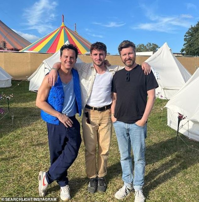 Paul Mescal (centre) cut a casual figure as he was reunited with his All Of Us Strangers co-star Andrew Scott (left) at Glastonbury festival in Worthy Farm on Saturday