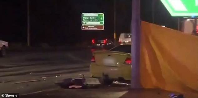 The green Ford Falcon (pictured) collided with three other cars and a truck on the motorway