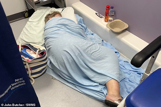 Madeleine Butcher, 62, who has terminal cancer was forced to lie on a floor in A&E while awaiting treatment for a possible sepsis infection as she was too uncomfortable to sit on a chair in the unit at Blackpool Victoria Hospital