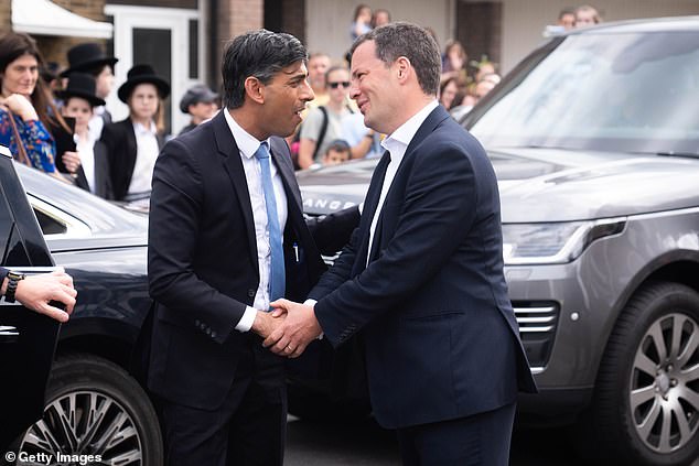 Prime Minister Rishi Sunak greets local Conservative candidate Alex Deane in Golders Green