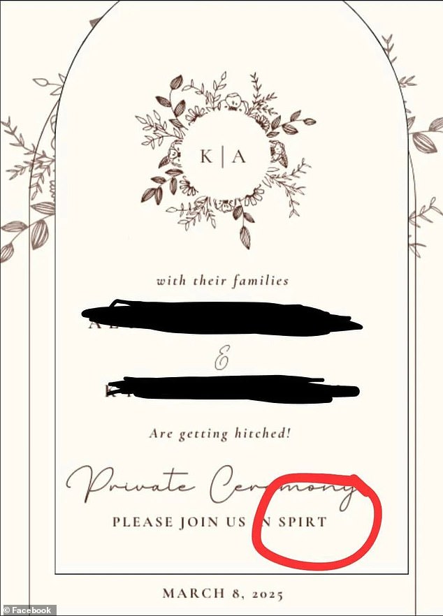 A bride posting this invitation online asking guests not invited to her private ceremony to attend in 'spirt' (spirit) was slammed with negative comments and accused of 'gift fishing'