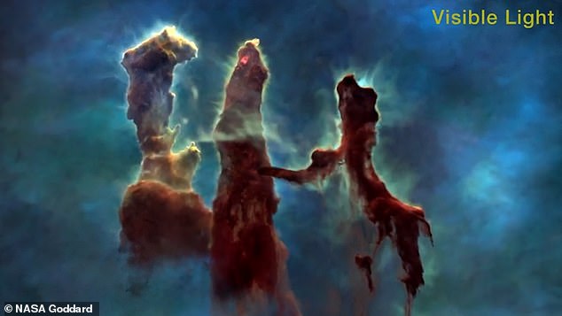 the visible light spectrum shows clearly the clouds of dust and cool molecular hydrogen which makes up the Pillars of Creation