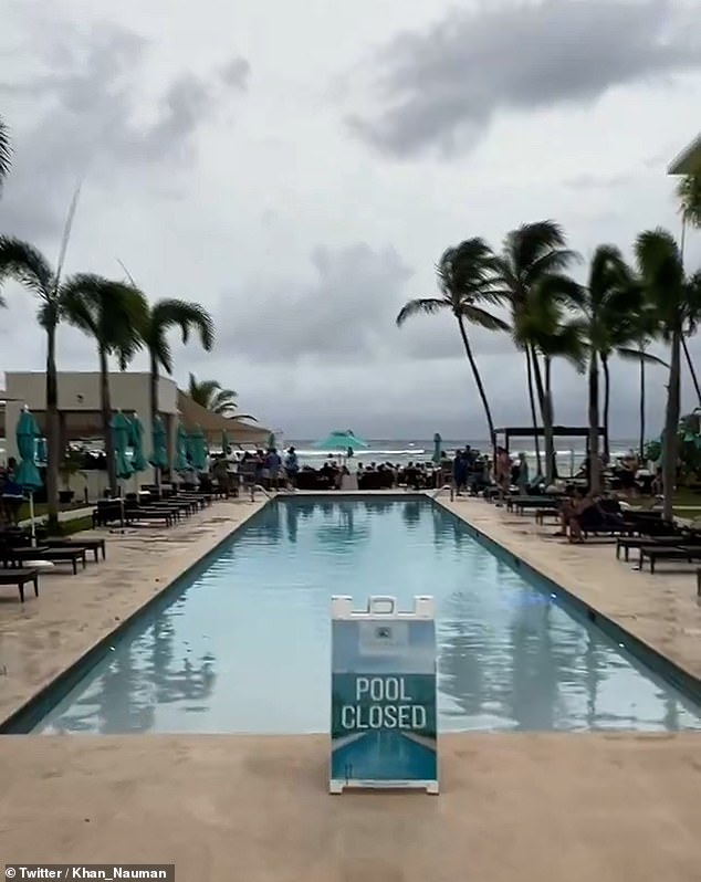 A pool is closed in the south coast of Barbados on Sunday as preparations are underway for Category 3 storm Hurricane Beryl to make landfall