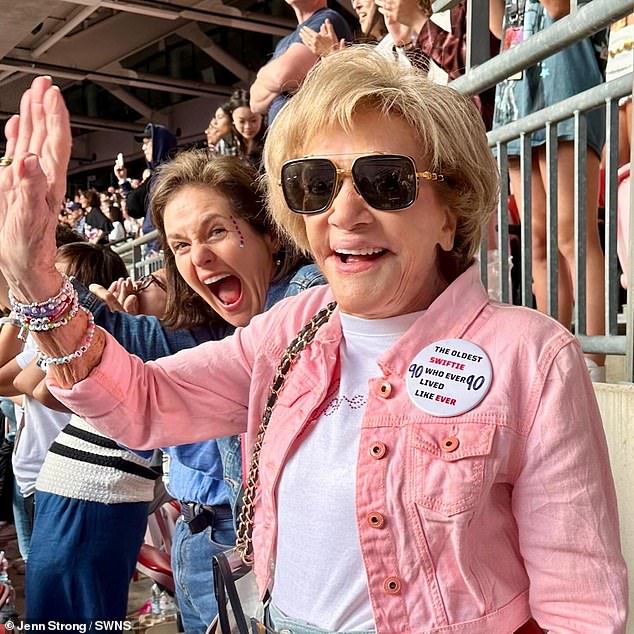 Nancy Strong, from Dallas, Texas , started supporting the pop star 15 years ago - when Kanye West famously ambushed her on stage at the 2009 MTV VMAs. Nancy pictured at Wembley for the Eras Tour