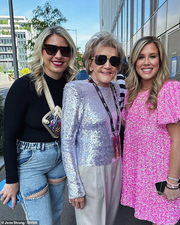 Nancy hopes to meet Taylor Swift one day and is planning to go and see her again when she comes back to the US. Pictured with her granddaughters Brianne and Jenn